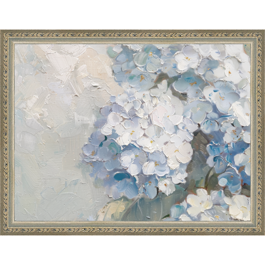 SA347-BLUE HYDRANGEAS Hand framed in an ornate dark silver frame. Finished Size: W 13.25 in x H 10.25 in