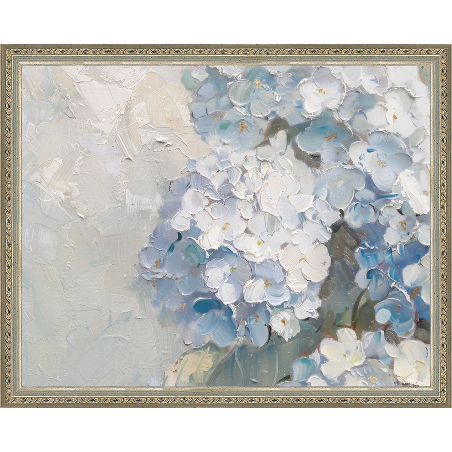 SA347-BLUE HYDRANGEAS Hand framed in an ornate dark silver frame. Finished Size: W 15.25 in x H 12.25 in