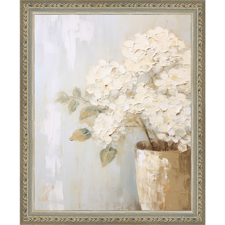 SA348-WHITE HYDRANGEAS Hand framed in an ornate dark silver frame. Finished Size: W 9.25 in x H 11.25 in