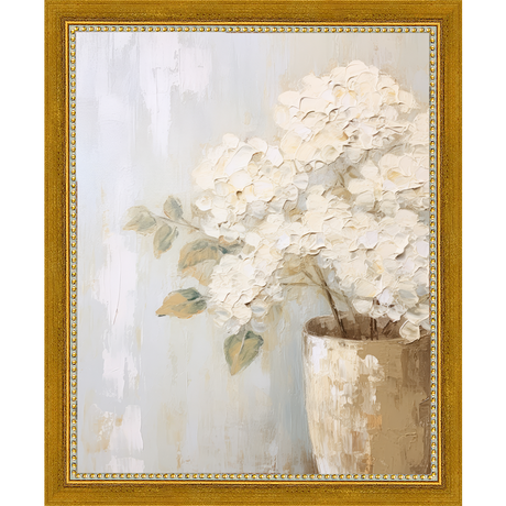 SA348-WHITE HYDRANGEAS Hand framed in a transitional gold frame. Finished Size: W 9.25 in x H 11.25 in