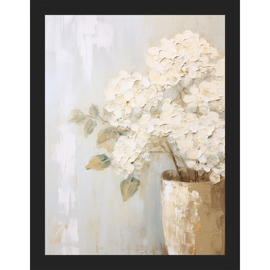 SA348-WHITE HYDRANGEAS Hand framed in a matte black frame. Finished Size: W 10.25 in x H 13.25 in
