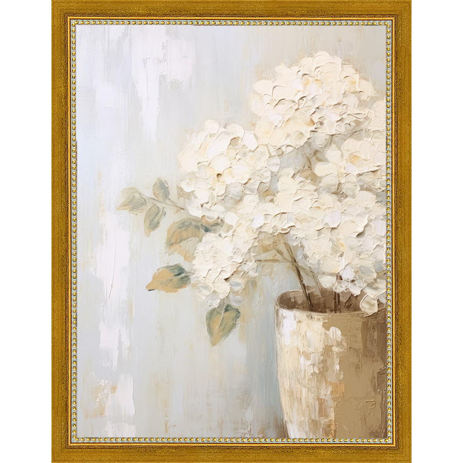 SA348-WHITE HYDRANGEAS Hand framed in a transitional gold frame. Finished Size: W 10.25 in x H 13.25 in