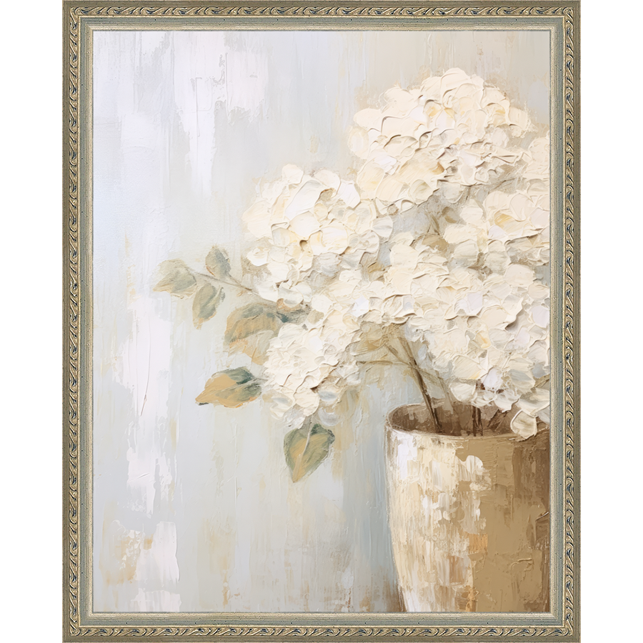 SA348-WHITE HYDRANGEAS Hand framed in an ornate dark silver frame. Finished Size: W 12.25 in x H 15.25 in