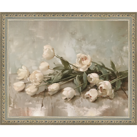 SA349-WHITE TULIPS Hand framed in an ornate dark silver frame. Finished Size: W 11.25 in x H 9.25 in