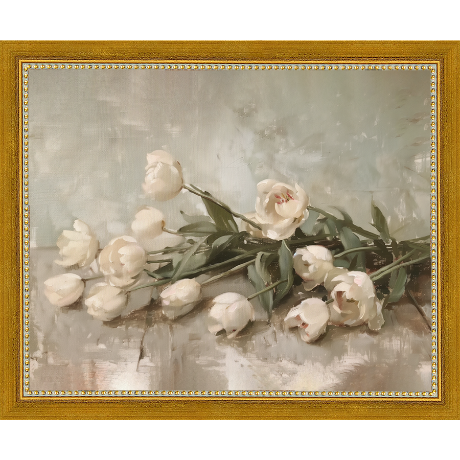 SA349-WHITE TULIPS Hand framed in a transitional gold frame. Finished Size: W 11.25 in x H 9.25 in