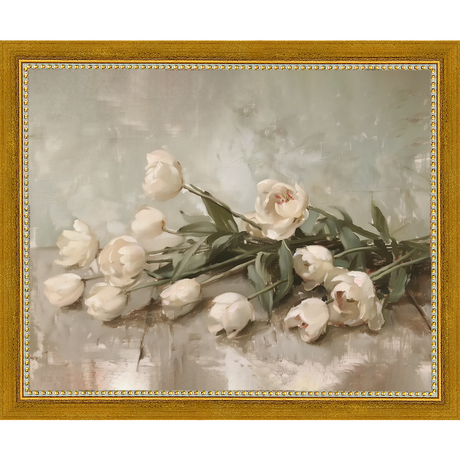 SA349-WHITE TULIPS Hand framed in a transitional gold frame. Finished Size: W 11.25 in x H 9.25 in