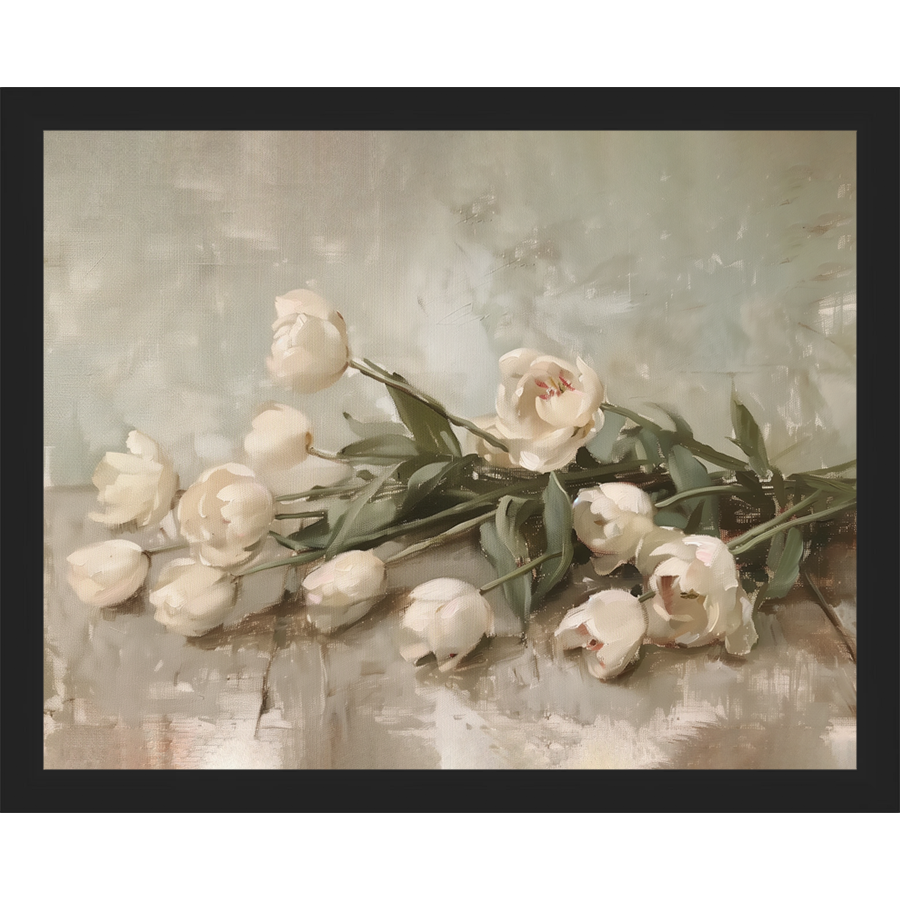 SA349-WHITE TULIPS Hand framed in a matte black frame. Finished Size: W 15.25 in x H 12.25 in