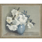 SA350-WHITE FLOWERS IN BLUE VASE Hand framed in an ornate dark silver frame. Finished Size: W 11.25 in x H 9.25 in