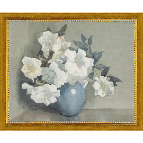 SA350-WHITE FLOWERS IN BLUE VASE Hand framed in a transitional gold frame. Finished Size: W 11.25 in x H 9.25 in