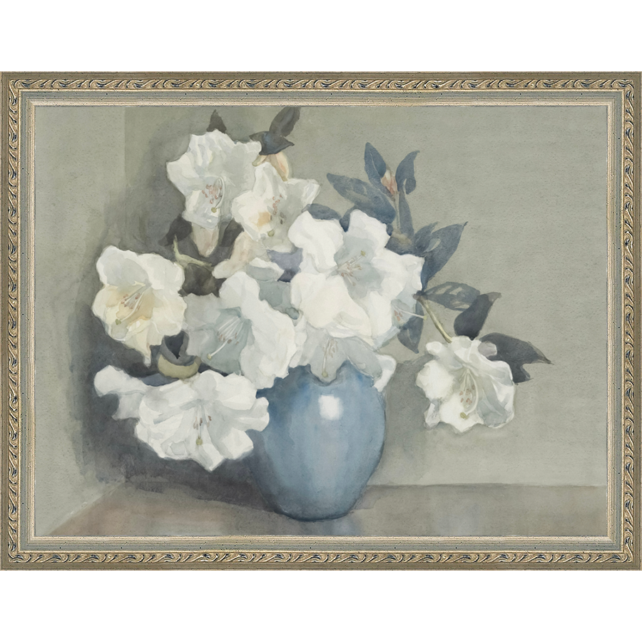 SA350-WHITE FLOWERS IN BLUE VASE Hand framed in an ornate dark silver frame. Finished Size: W 13.25 in x H 10.25 in