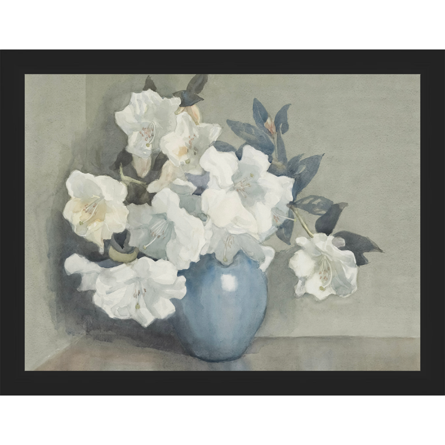 SA350-WHITE FLOWERS IN BLUE VASE Hand framed in a matte black frame. Finished Size: W 13.25 in x H 10.25 in