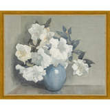 SA350-WHITE FLOWERS IN BLUE VASE Hand framed in a transitional gold frame. Finished Size: W 15.25 in x H 12.25 in