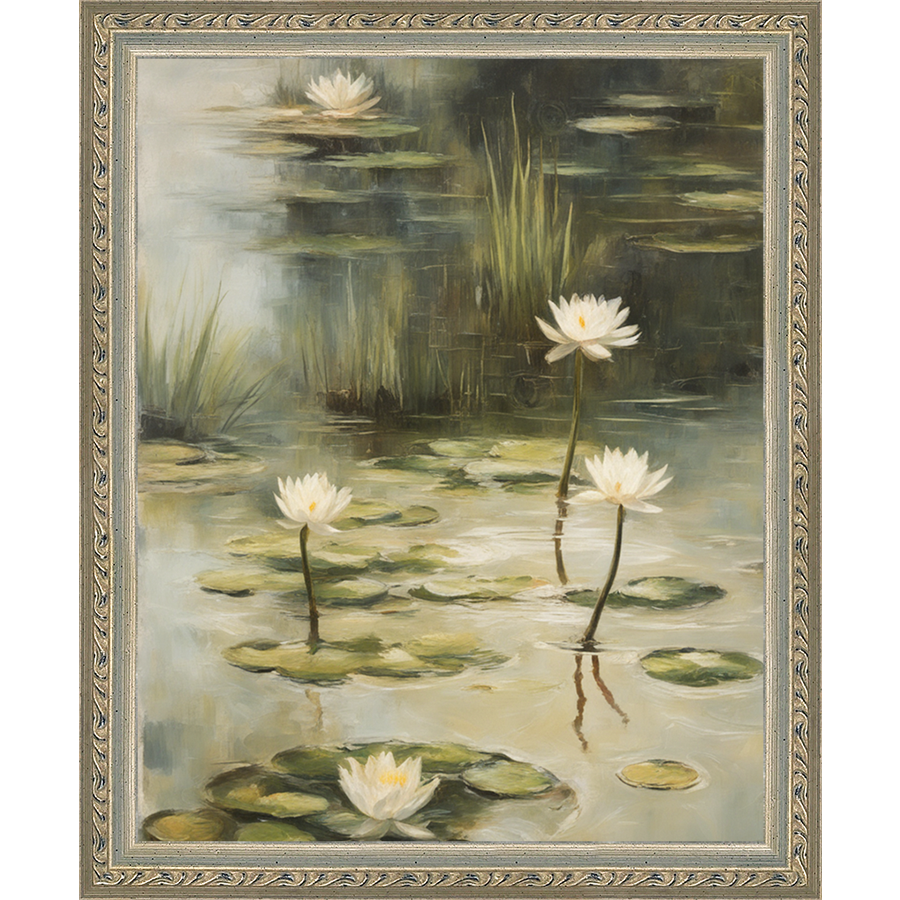 SA351-LOTUS FLOWERS Hand framed in an ornate dark silver frame. Finished Size: W 9.25 in x H 11.25 in
