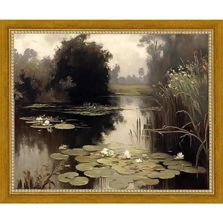 SA352-POND LILIES Hand framed in a transitional gold frame. Finished Size: W 11.25 in x H 9.25 in