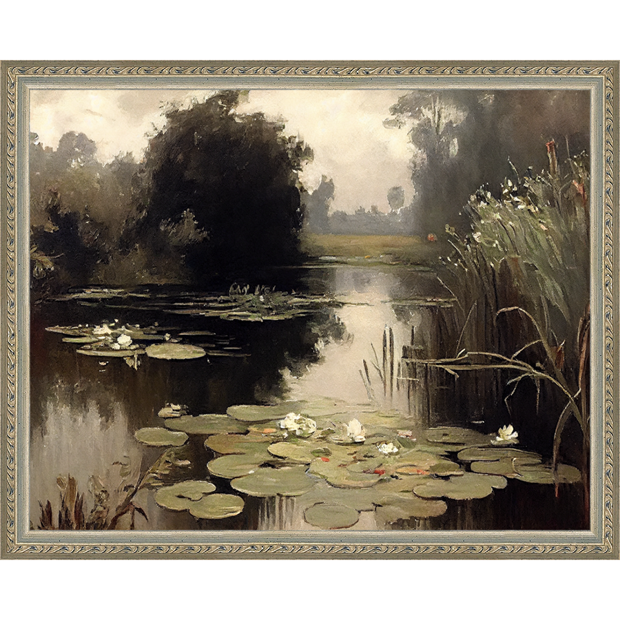 SA352-POND LILIES Hand framed in an ornate dark silver frame. Finished Size: W 15.25 in x H 12.25 in