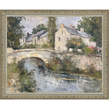 SA353-VILLAGE BRIDGE Hand framed in an ornate dark silver frame. Finished Size: W 11.25 in x H 9.25 in