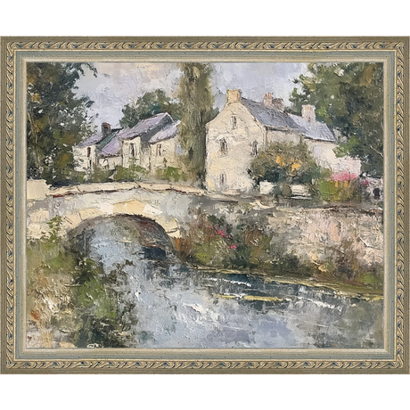 SA353-VILLAGE BRIDGE Hand framed in an ornate dark silver frame. Finished Size: W 11.25 in x H 9.25 in