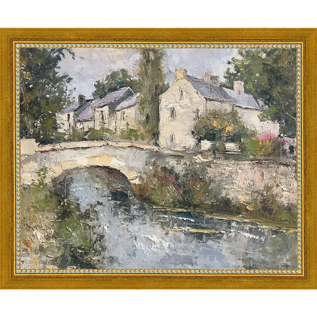 SA353-VILLAGE BRIDGE Hand framed in a transitional gold frame. Finished Size: W 11.25 in x H 9.25 in