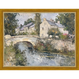 SA353-VILLAGE BRIDGE Hand framed in a transitional gold frame. Finished Size: W 13.25 in x H 10.25 in