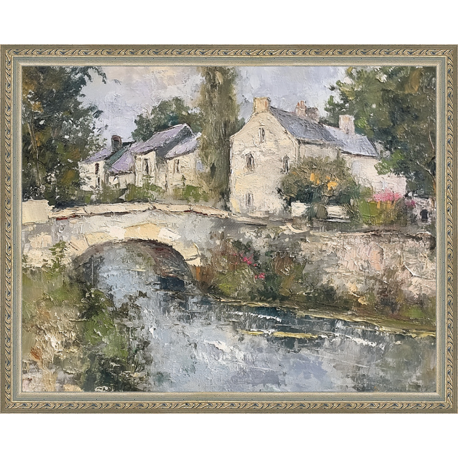 SA353-VILLAGE BRIDGE Hand framed in an ornate dark silver frame. Finished Size: W 15.25 in x H 12.25 in