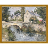SA353-VILLAGE BRIDGE Hand framed in a transitional gold frame. Finished Size: W 15.25 in x H 12.25 in