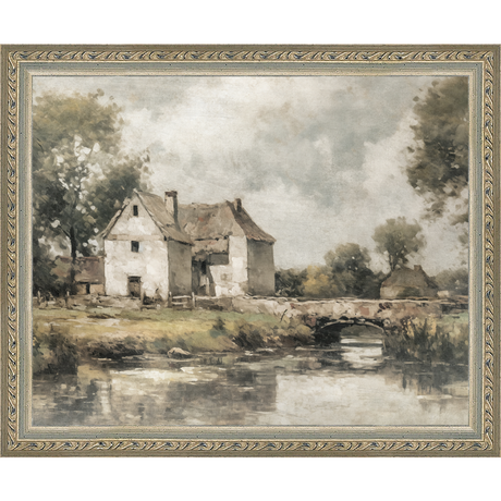 SA356-WHITE COTTAGE Hand framed in an ornate dark silver frame. Finished Size: W 11.25 in x H 9.25 in