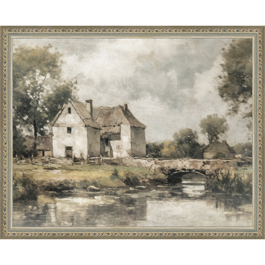 SA356-WHITE COTTAGE Hand framed in an ornate dark silver frame. Finished Size: W 15.25 in x H 12.25 in