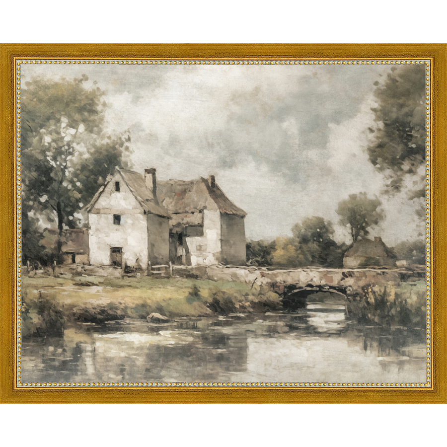 SA356-WHITE COTTAGE Hand framed in a transitional gold frame. Finished Size: W 15.25 in x H 12.25 in