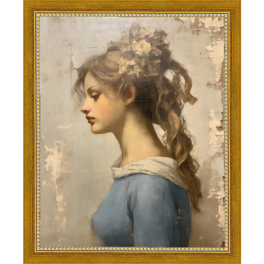 SA358-MAIDEN IN BLUE Hand framed in a transitional gold frame. Finished Size: W 9.25 in x H 11.25 in