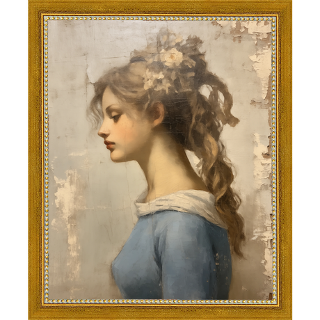 SA358-MAIDEN IN BLUE Hand framed in a transitional gold frame. Finished Size: W 9.25 in x H 11.25 in