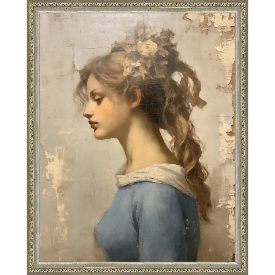 SA358-MAIDEN IN BLUE Hand framed in an ornate dark silver frame. Finished Size: W 12.25 in x H 15.25 in