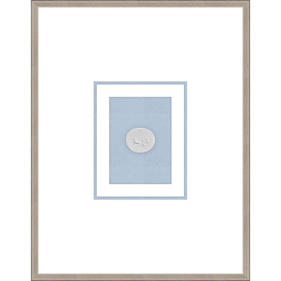 NG002-CHARIOT Shadow Box framed in an antiqued silver frame on a fountain blue mat. Finished Size: W 18.00 in x H 23.00 in