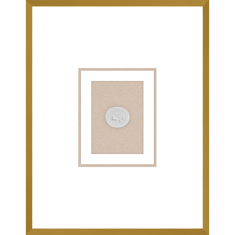 NG002-CHARIOT Shadow Box framed in an antiqued gold frame on a natural linen mat. Finished Size: W 18.00 in x H 23.00 in