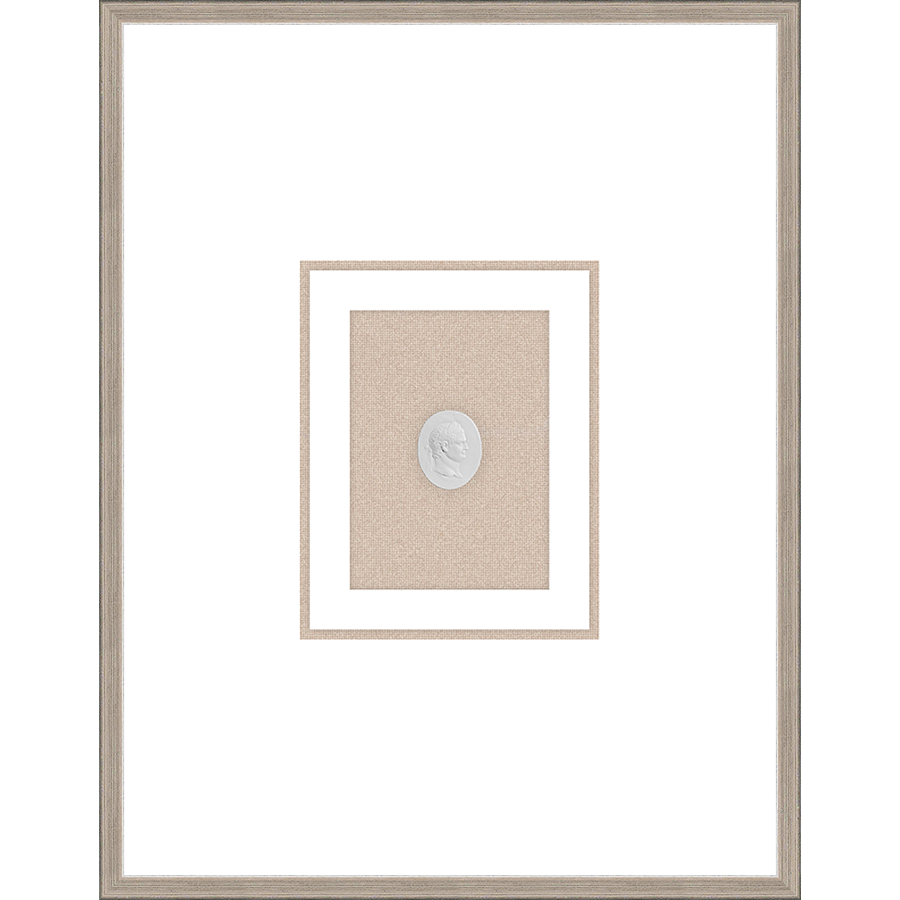 NG006-EMPEROR Shadow Box framed in an antiqued silver frame on a natural linen mat. Finished Size: W 18.00 in x H 23.00 in