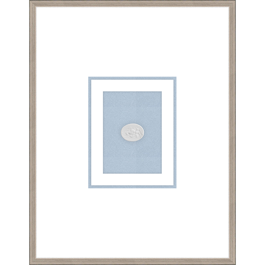 NG008-LION AND POSEIDON Shadow Box framed in an antiqued silver frame on a fountain blue mat. Finished Size: W 18.00 in x H 23.00 in