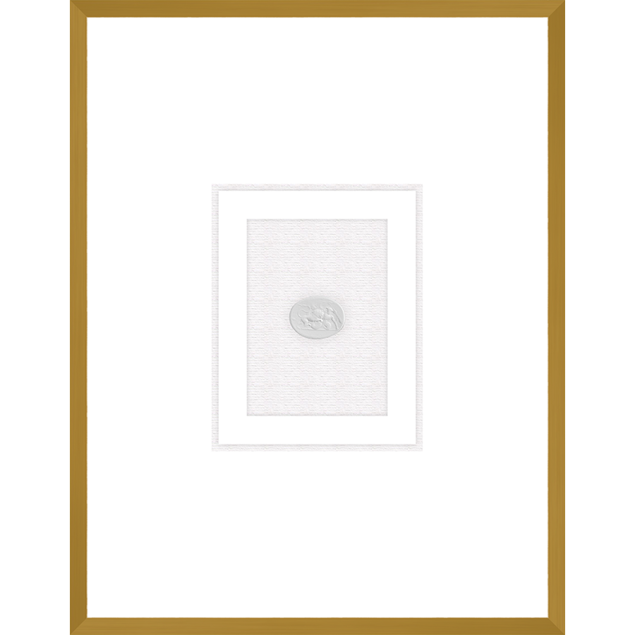 NG008-LION AND POSEIDON Shadow Box framed in an antiqued gold frame on a white raglin mat. Finished Size: W 18.00 in x H 23.00 in