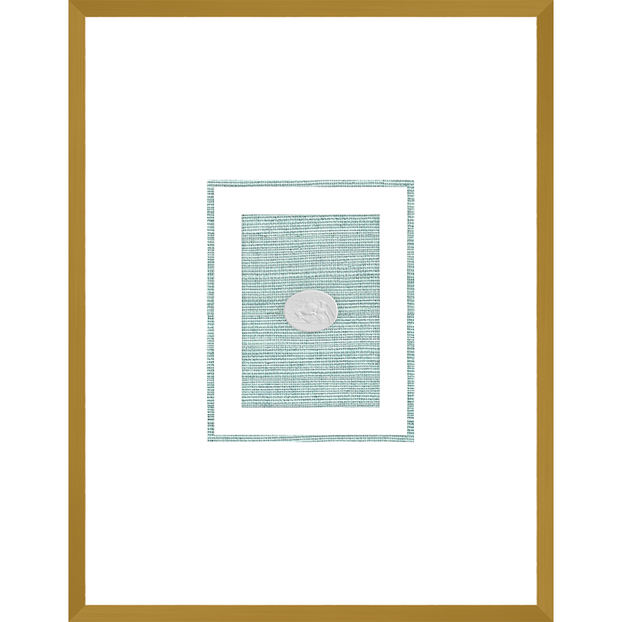 NG008-LION AND POSEIDON Shadow Box framed in an antiqued gold frame on a green hemp mat. Finished Size: W 18.00 in x H 23.00 in