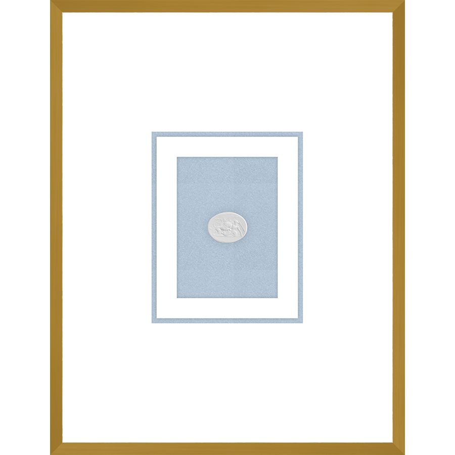 NG008-LION AND POSEIDON Shadow Box framed in an antiqued gold frame on a fountain blue mat. Finished Size: W 18.00 in x H 23.00 in