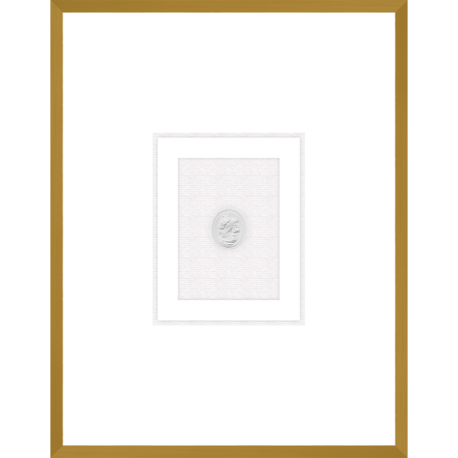 NG010-MEDUSA LEFT FACING Shadow Box framed in an antiqued gold frame on a white raglin mat. Finished Size: W 18.00 in x H 23.00 in