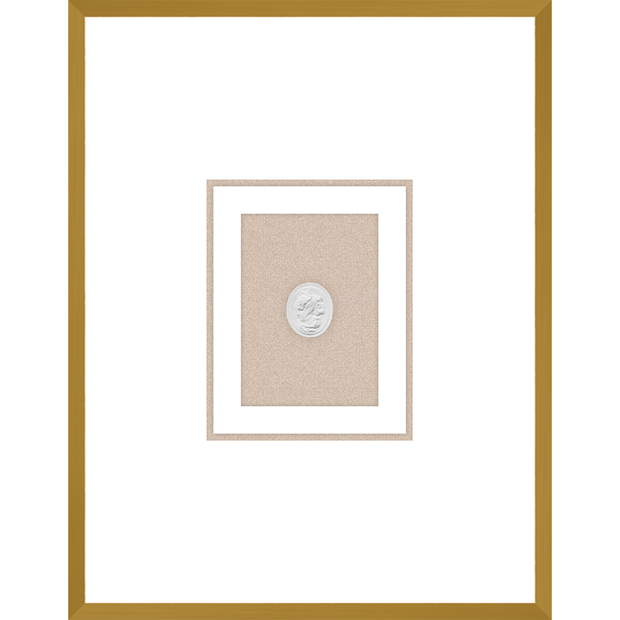 NG010-MEDUSA LEFT FACING Shadow Box framed in an antiqued gold frame on a natural linen mat. Finished Size: W 18.00 in x H 23.00 in