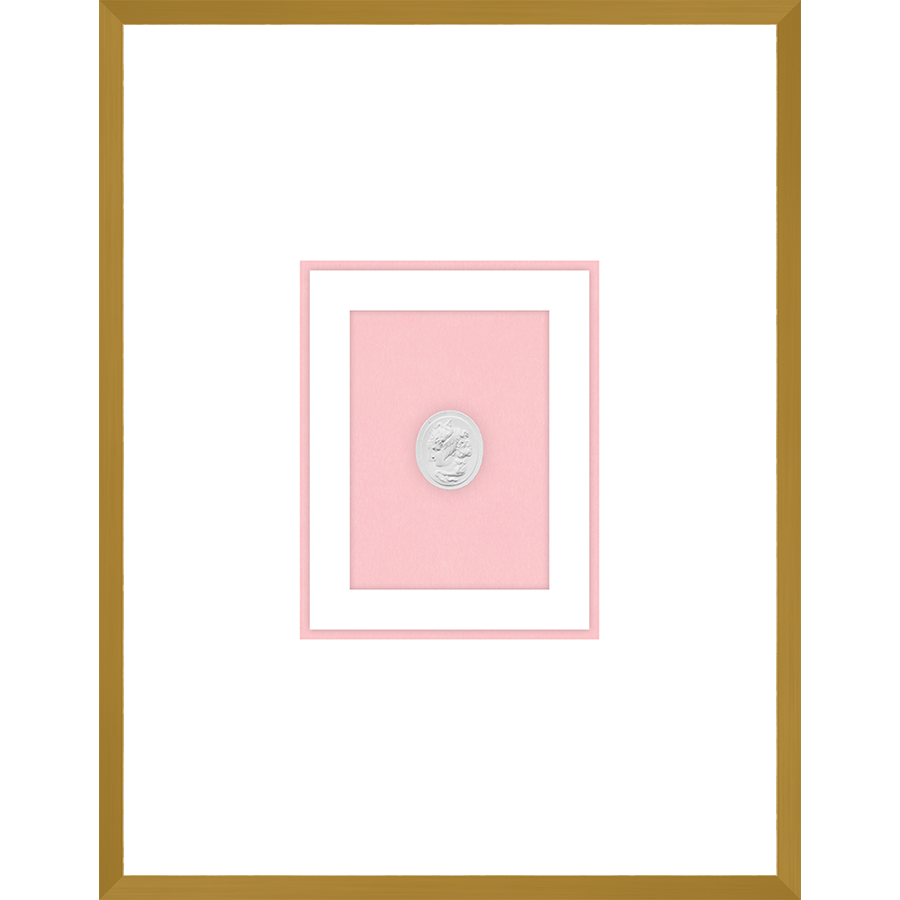 NG010-MEDUSA LEFT FACING Shadow Box framed in an antiqued gold frame on a blush pink mat. Finished Size: W 18.00 in x H 23.00 in