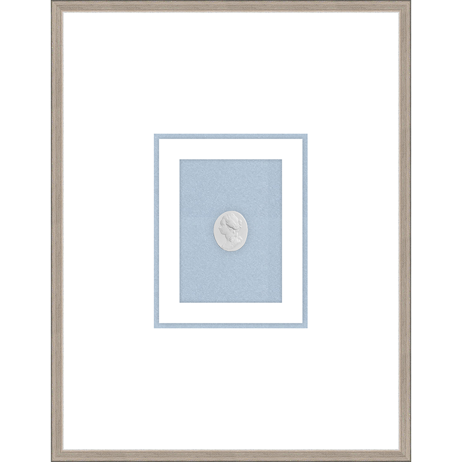 NG013-NOBLE WOMAN Shadow Box framed in an antiqued silver frame on a fountain blue mat. Finished Size: W 18.00 in x H 23.00 in