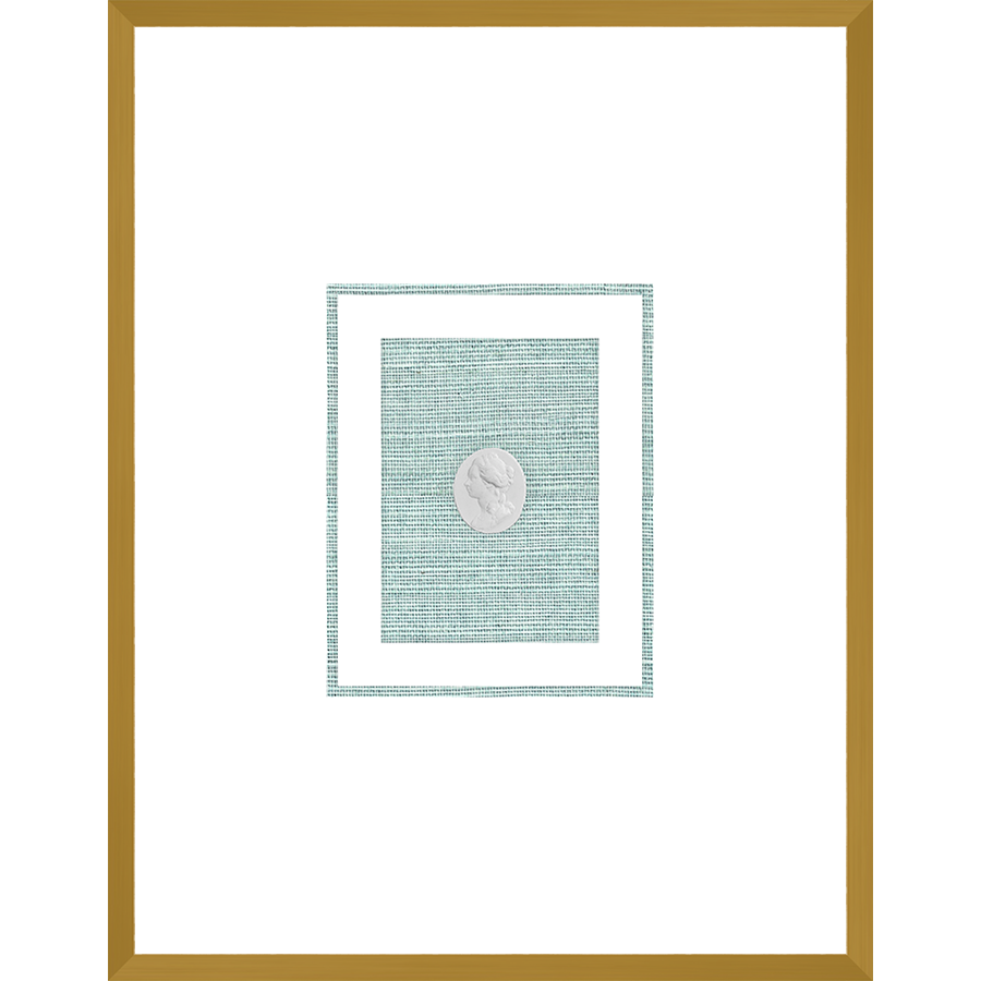 NG013-NOBLE WOMAN Shadow Box framed in an antiqued gold frame on a green hemp mat. Finished Size: W 18.00 in x H 23.00 in
