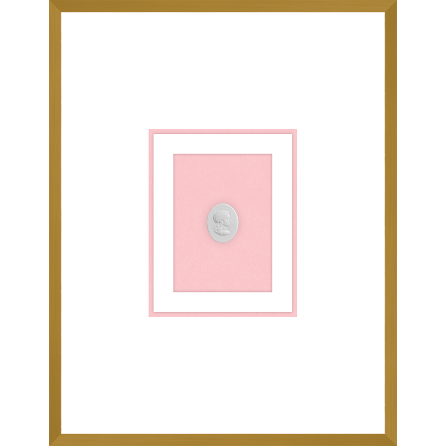 NG015-ROMAN WOMAN Shadow Box framed in an antiqued gold frame on a blush pink mat. Finished Size: W 18.00 in x H 23.00 in