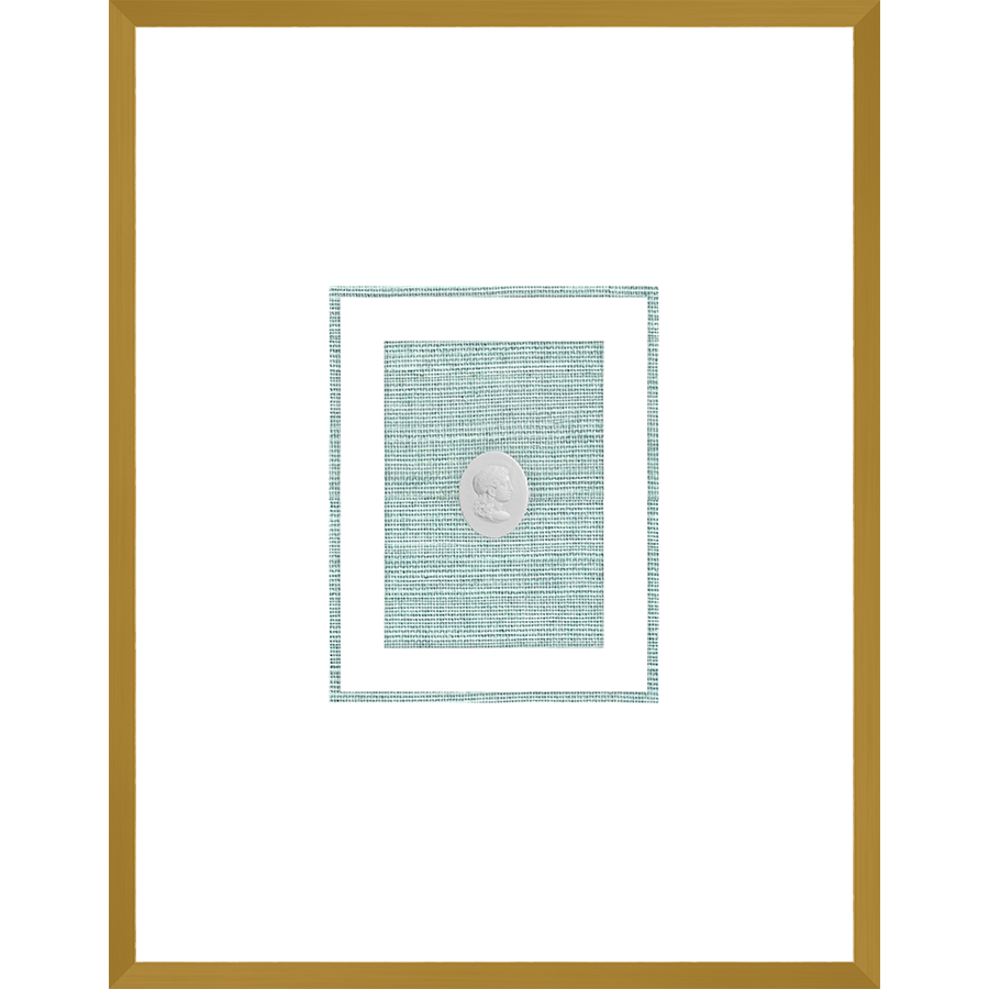 NG015-ROMAN WOMAN Shadow Box framed in an antiqued gold frame on a green hemp mat. Finished Size: W 18.00 in x H 23.00 in