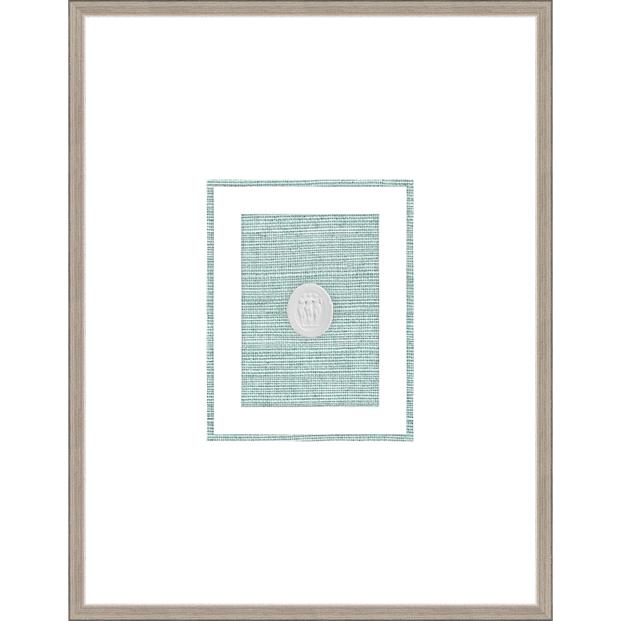 NG016-TRIO OF NYMPHS Shadow Box framed in an antiqued silver frame on a green hemp mat. Finished Size: W 18.00 in x H 23.00 in