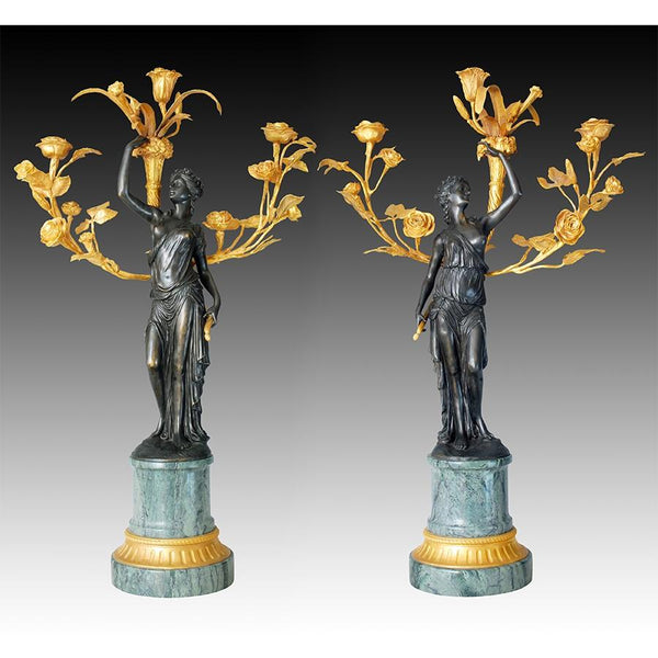 BZ710301 BZ710301 Pair of Lady Candelabra with Bronze, Gilt and Marble