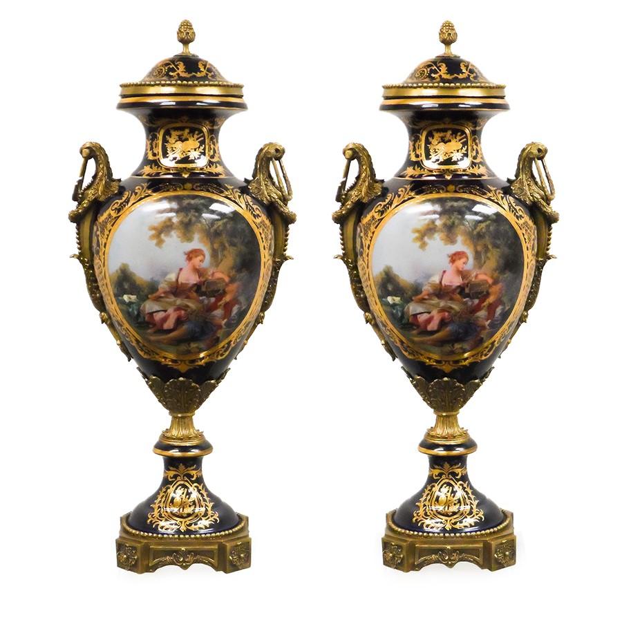 7712-82179CA PC720201 Pair Of Hand-Painted Dark Blue & Gold Porcelain Vases with European Figures and Bronze Accents (11L X 9W X 24H)