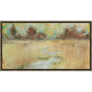 FG1004C01 Giclée on Matte Canvas, framed Floating in a Contemporary Gold Floater Frame #7663. This frame has a 2in profile in black. Finished Size: W 51.00 in x H 27.00 in