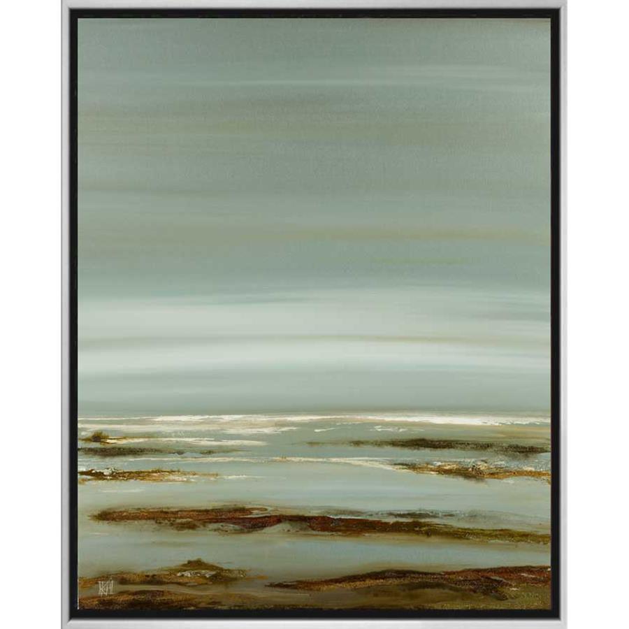 FG3031C01 Giclée on Matte Canvas, framed Floating in a Contemporary Silver Floater Frame #7662. This frame has a 2in profile in black. Finished Size: W 50.00 in x H 62.00 in